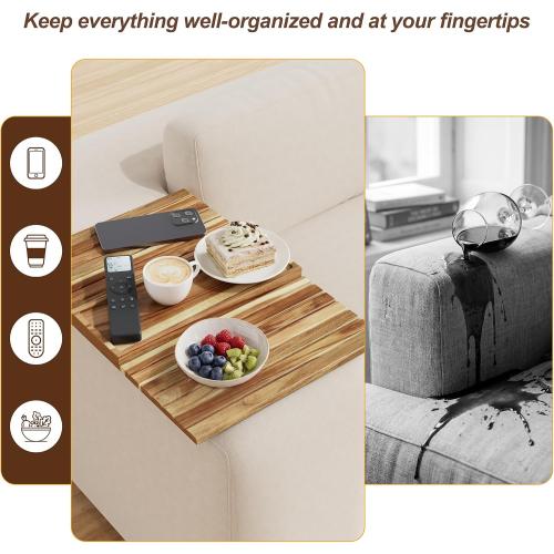 ZUJJAFY Sofa Arm Tray, Acacia Wood Folding Couch Armrest Table, Anti-Falling Armrest Tables Cup Holder for Snacks, Drinks, Beers, Phone, Control, Flexible and Portable, Anti-Slip Bottom