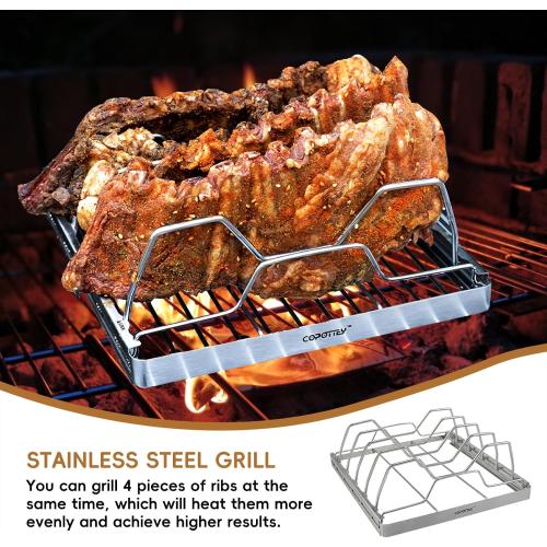 Foldable Rib Rack for Smoking, Stainless Steel 10 in Rib Rack with 2 Meat Shredder Claws, and Black PP Tray, Perfect for Grilling, Smoking, and Serving, BBQ Accessories