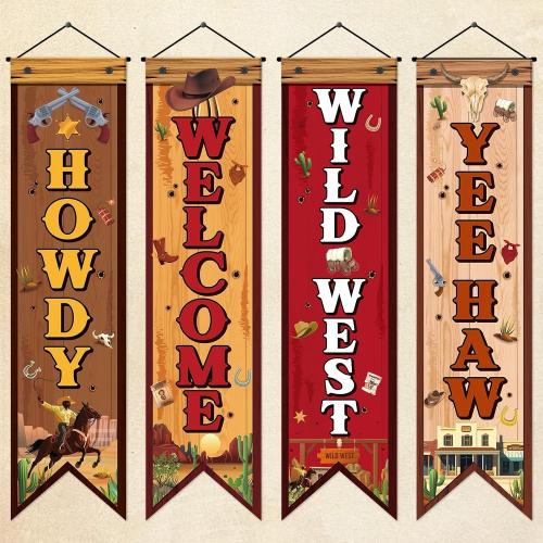 4 Pcs Western Cowboy Party Decorations Wild West Banner Howdy Yes Haw Welcome Hanging Decor Rustic Western Porch Sign Cowboy Rodeo Door Decorations for Bar Birthday Photo Props Vintage Party Supplies
