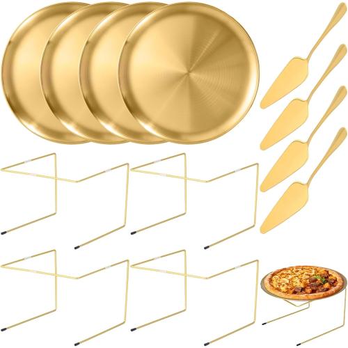 12 Pcs Pizza Pan Riser Stands Sets Includes 4 Metal Pizza Table Stands 4 Pizza Pan and 4 Wood Handle Pie Server, Pizza Rack Stand Pizza Tray for Pizza Dessert Cheese (Gold) ❗MAY HAVE MISSING PIECES❗