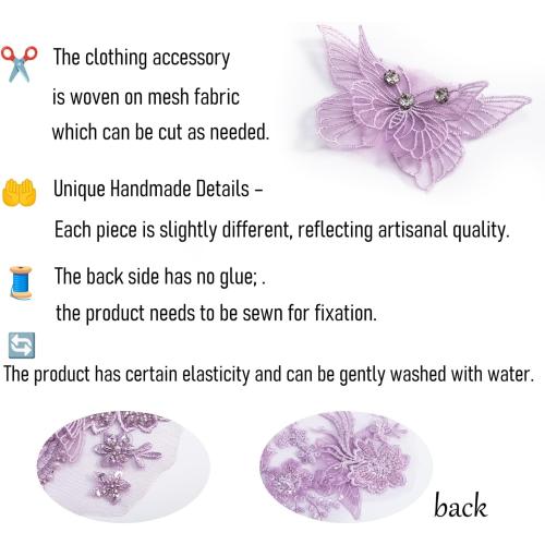 Flower Pearl Fabric Rhinestones Beaded Lace Applique,3D Butterfly Embroidered Lace Patch for Clothes,Dress (Purple)
