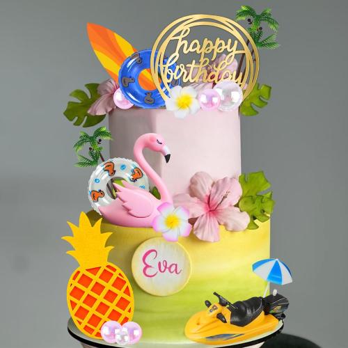 DRWATE Flamingo Cake Toppers Summer Cake Decorations Pineapple and Hibiscus Flower Yacht Surfboard Cake Toppers for Tropical Hawaiian Beach Luau Themed Party Supplies (Style 01)