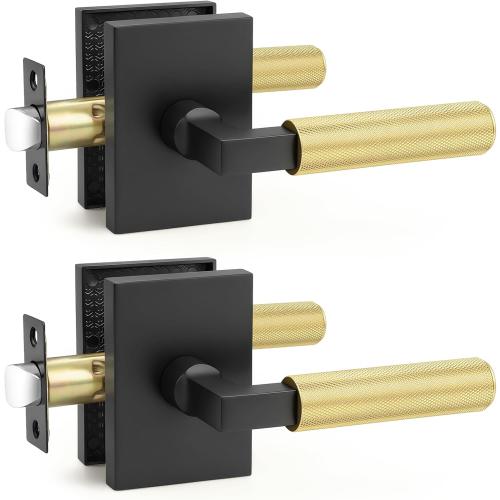 Probrico 2 Pack Brushed Gold Door Handles with Black Lever, Knurled Passage Door Handle for Hallway or Closet Door, Modern Interior Door Handle, Heavy Duty Keyless Lever for Left Right Handed Door