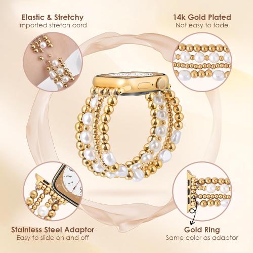 AIRSPO Gold Beaded Bracelets Compatible for Apple Watch Bands 38mm 40mm 41mm 42mm for Women, Fashion Handmade Dressy iPhone Watch Bands Stainless Steel Beads & Pearl Elastic Strap for iWatch Series 11 10 9 SE 8 7 6 5 4 3 2 1 Gold