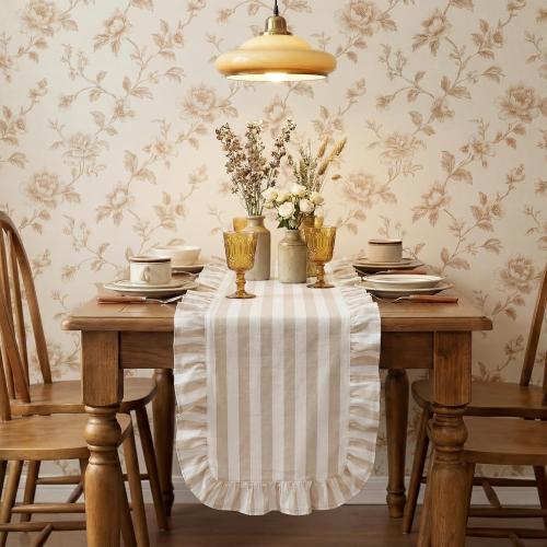 Tegeme Brown and White Stripe Ruffle Table Runner, 100% Cotton 13 x 90