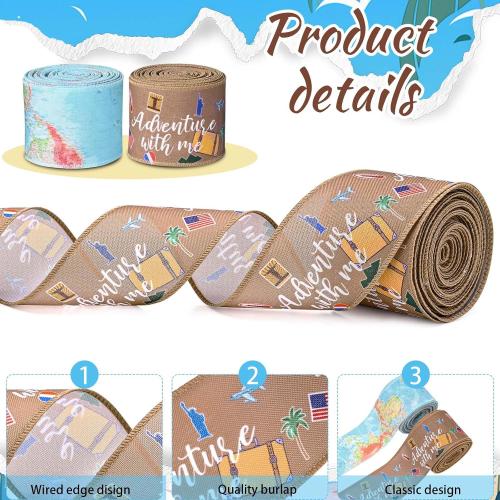 2Rolls 20 Yards Travel Wired Ribbon Adventure Awaits World Map Airplane Printed Ribbon for Gift Wrapping Bow Wreath Making for Baby Shower Birthday Party DIY Craft Decorations