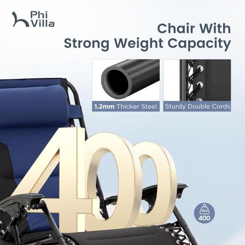 PHI VILLA Zero Gravity Chair Set of 2, Padded Anti Gravity Recliner, Oversized 28 Wide Seat, Foldable Patio Lounger with Armrest & Cup Holder, Supports 400 LBS (Blue Black)