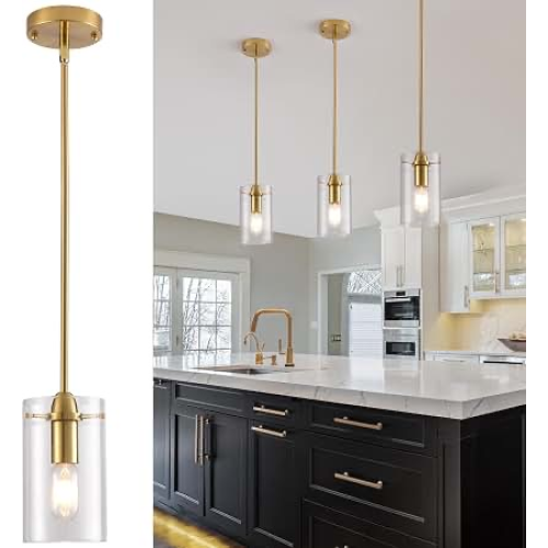 SEE ATTACHED PHOTO: Modern Gold Pendant Lights Kitchen Island,Adjustable Hanging Pendant Light with Clear Glass Shade,Single Pendant Light Fixtures