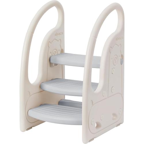 Toddler 3 Step Stool Onasti Kids Standing Tower for Toddlers Plastic Learning Helper Stool for Kitchen Counter Bathroom Sink Toilet Potty Training with Handles and Non-Slip Pads-Grey White
