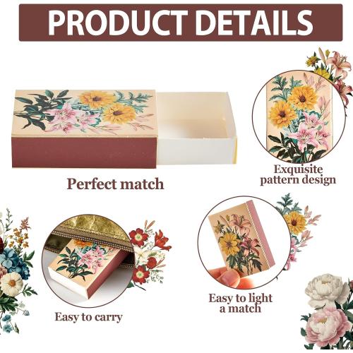60PCS Blank Matches Containers 2.24 x 1.42 x 0.59 inches Vintage Flower Match Storage Boxes DIY Match Holder with Double-Sided Striker for Wedding Bridal Shower Baby Shower Party Favor(No Matches)