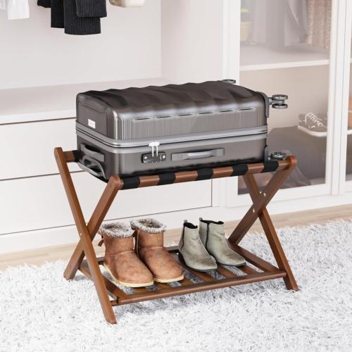 Fully Assembled Walnut Bamboo Luggage Rack with Shoe Shelf, Folding Suitcase Stand with 5 Heavy-Duty Straps, Large Wooden Luggage Holders for Guest Room, Ideal for Bedroom, Hotel
