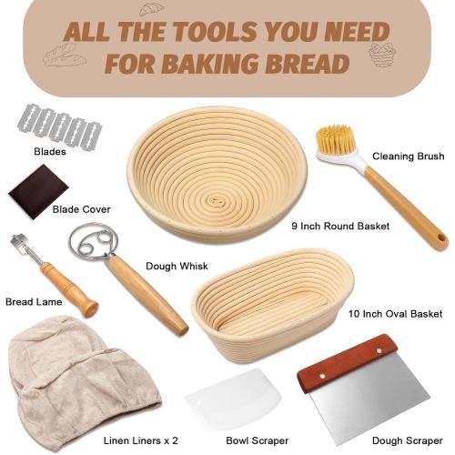 Sourdough Proofing Basket Gift Set, 9 Round and 10 Oval Banneton Bread Baking Supplies, Sourdough Baskets with Bread Lame, Danish Whish, Bowl Scraper, Sourdough Scraper, and Linen Liner