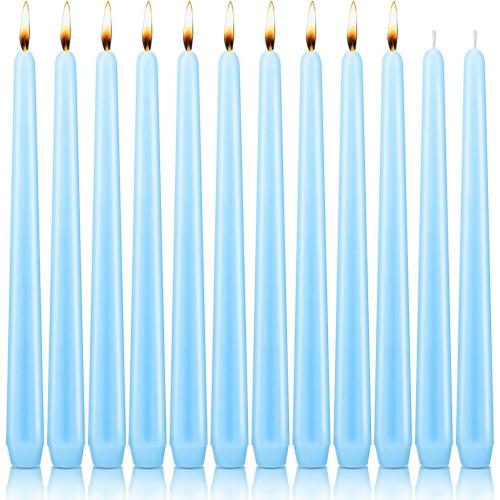 NIKY 10 inch Taper Candles, Set of 12 Unscented Dripless Candlesticks - 8 Hours Long Burning for Home Decoration, Wedding, Parties and Special Occasion (Light Blue)