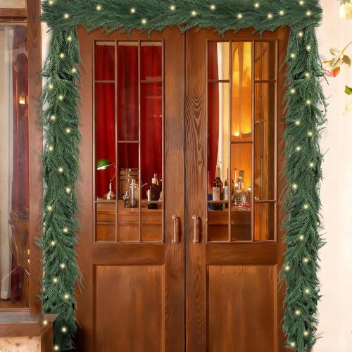 Fovths 2 Pack 6 Feet Christmas Norfolk Garlands, Winter Pine Garland Ornament with Light String, Green Artificial Greenery Garland for Table Mantle Wall Indoor Outdoor Christmas Decor