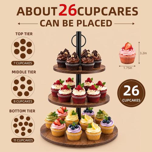 Wooden Cupcake Stand 2 Pack, Large Cupcake Tower Stand for 50 Cupcakes, 3 Tiered Wooden Serving Trays Stand, Soporte Para Cupcakes, Dessert Table Display