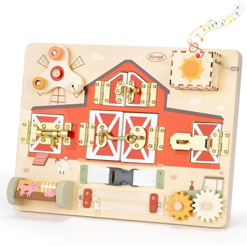 Joyreal Wooden Montessori Busy Board with Music Box for Toddlers | Farm Theme Sensory Activity Board, Fine Motor Skills Travel Toy, Educational Learning Toy, Birthday Christmas Gift