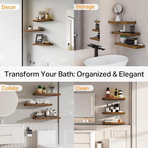 BAYKA Rustic Brown Bathroom Floating Shelves, 15.7in, 3Pk, Wall Mount Shelf