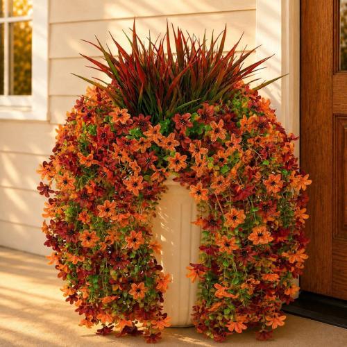 4 piece Artificial Fall Flowers for Outdoors, UV Resistant Fake Hanging Mums