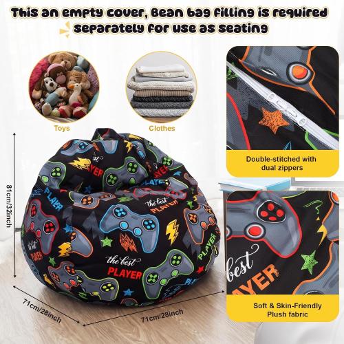 Novabright Stuffed Player Storage Bean Bag Chair Cover for Teens (No Filler)2.3 Feet Plush Soft Bean Bag Game Themed Sofa Organizer with Double Stitched Zipper Washable Kids Room Decoration