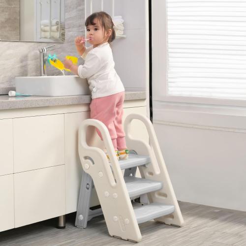 Onasti Foldable Step Stool for Bathroom Sink, Adjustable 3 Step Stool for Kids Toilet Potty Training Stool with Handles, Child Kitchen Counter Stool Helper, Plastic Ladder for Toddlers Grey