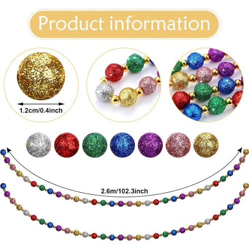 17 ft Christmas Tree Beads Garland - Glitter Ball Colorful Red Green Gold Beads for Xmas Decor - Holiday Hanging Decorations for Home Mantel