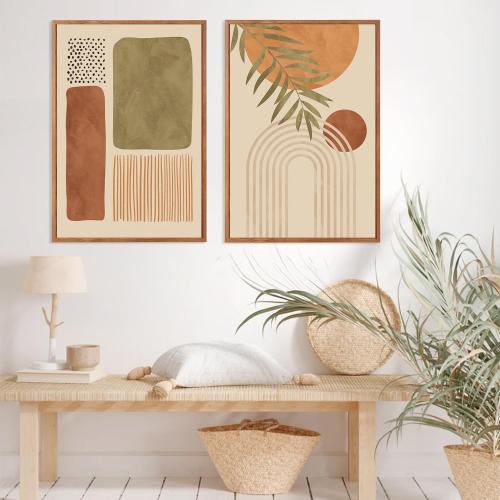 LHIUEM Boho Abstract Sage Framed Canvas Wall Art,Bohemian Neutral Wall Decor,Mid Century Beige Painting,Natural Minimalist Line Artwork for Living Room,Bedroom,Dining Room -16x24x3