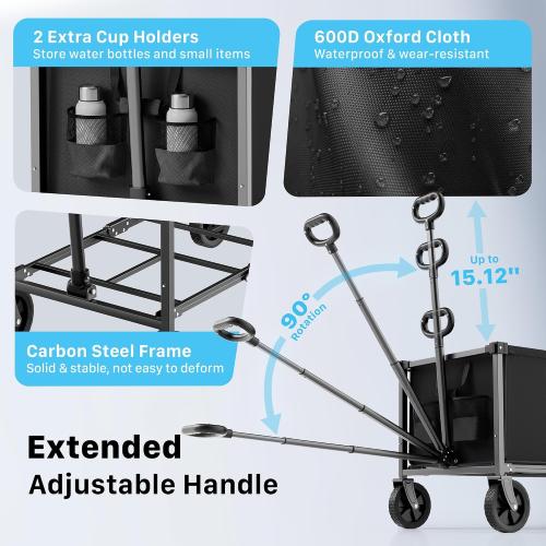 29.3 Collapsible Wagon Cart, 150L Heavy Duty Folding Utility Wagon with Wheels, 260 lbs Load, Portable Rolling Cart for Garden, Shopping, Sports, Camping, Black