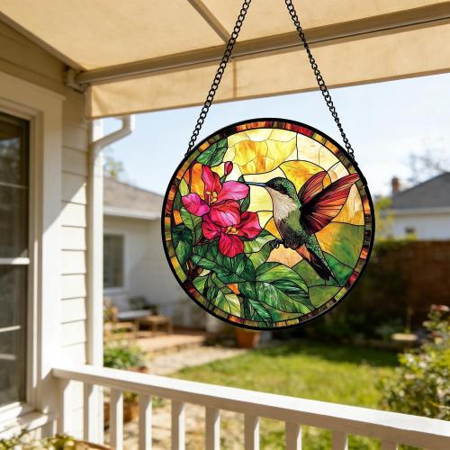 Stained Glass Suncatcher, Hummingbird Red Flowers Green Leaves Sun Catcher Stain Glass Window Hanging Decoration Mother's Day Birthday Gifts for Bird Lover Women Men Mom Nana 6.3 in