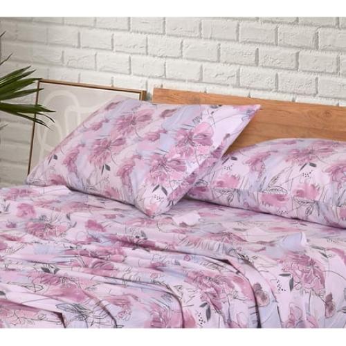 RUVANTI 100% Cotton Sheets – Queen Size Percale Bedding, Cooling & Breathable Floral Design, Durable with a Crisp, Soft & Comfortable Feel, 16 Deep Pocket, 4-Piece Set, Lilac Floral