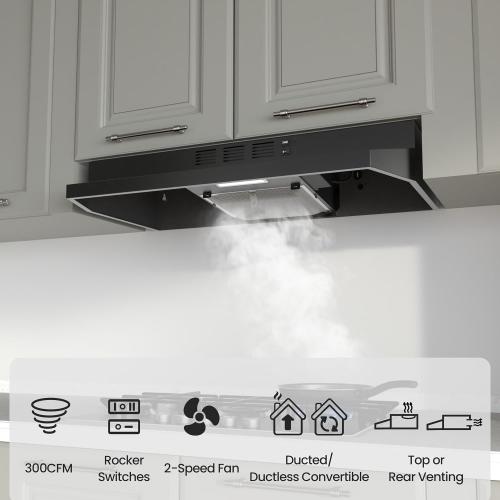 Range Hood 30 inch, Black Under Cabinet Range Hood, Ductless Range Hood Black 30 Inch