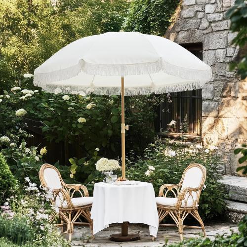 6.5FT Boho Patio Umberlla with Fringe,UPF50  Outdoor Umbrella with Fiberglass Ribs and Push Button Tilt,Tassels Umbrella for Beach,Terrace,Picnic