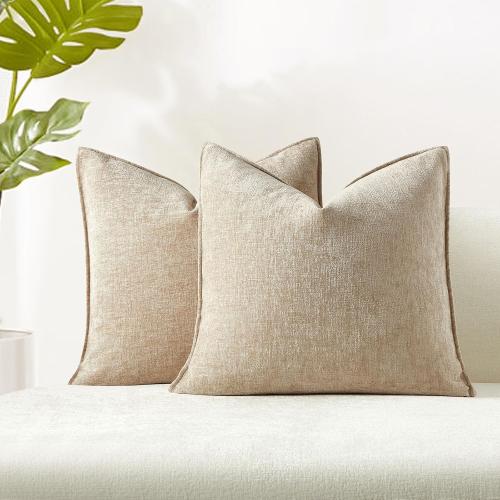 JUSPURBET 24x24 Pillow Covers Set of 2 Decorative Throw Pillow Covers Case for Couch Sofa Bed Soft Chenille Cushion Covers with Hidden Zipper for Home Decor Living Room,Beige