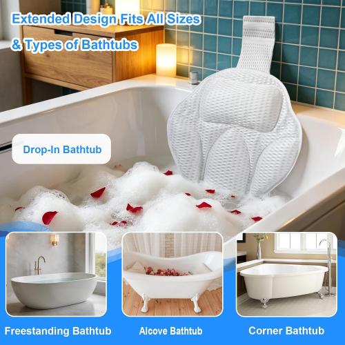 Luxury Oversized Petal-Shaped Bath Pillow for Head, Neck and Backrest, Extra Thick, Polyester, White, Anti-Slip Suction Cups, Washable, Spa Bathroom Accessories