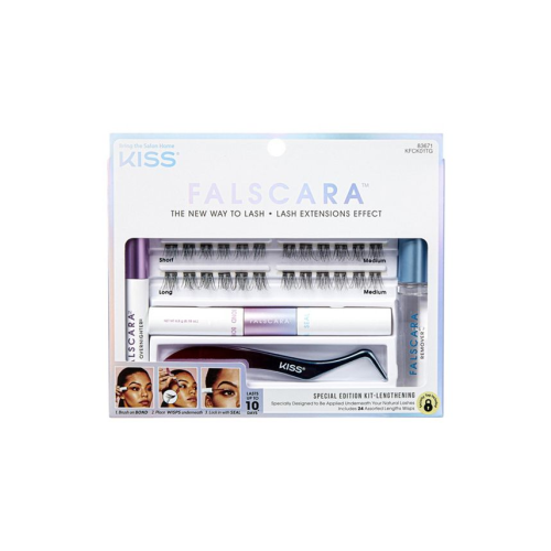 KISS Falscara Starter Kit Deluxe, Lash Clusters, Lengthening Wisps, 10mm-12mm-14mm, 24 Wisps - Black