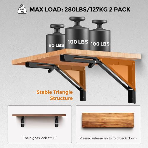 JOY DECOR Matte Black Folding Shelf Brackets, 20 Inch, 2 Pack