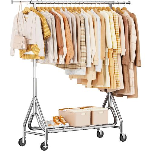 Color silver Heavy Duty Clothing Rack, Metal Clothes Rack Load 450 LBS, Rolling Coat Racks for Hanging Clothes with Lockable Wheels, Wardrobe Closet Garment Racks for Bedroom, Silver