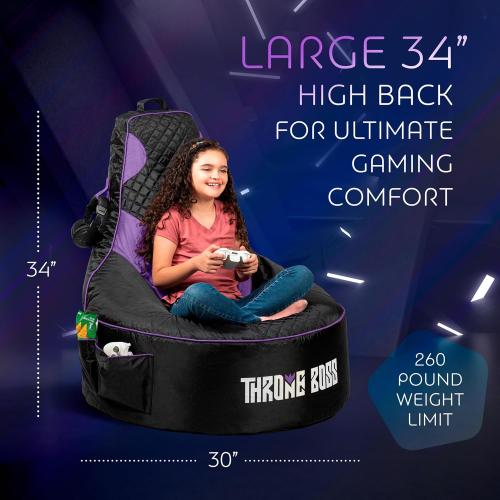 Throne Boss Gaming Bean Bag Chair Cover for Kids with High Back, Purple – Floor Gaming Chair Cover, Easy to Clean Fabric, Large Side Pockets, Headphone Hanger, Requires 200 Liters Polystyrene Beans