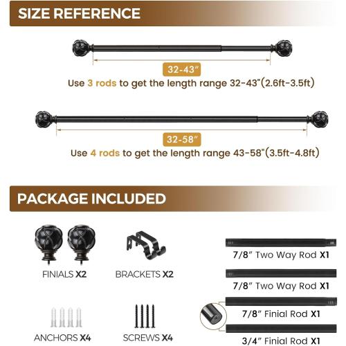 KAMANINA Black Curtain Rod 32 to 58 Inch, Adjustable Heavy Duty Rods | 7/8 Inch Drapery Rods for Windows 28 to 48 Inch, Decorative Netted Texture End, Easy Wall Mount for Living Room, Sliding Door