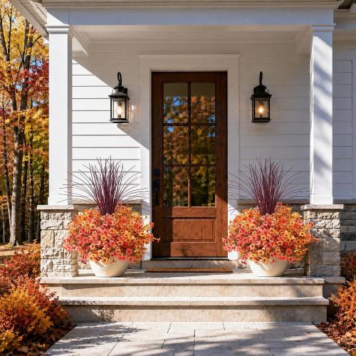 Fall Flowers Artificial Mums for Outdoors Autumn Decor, 12 Bundles Fake Fall Mums with 1 pcs Burgundy Grass UV Resistant Realistic Faux Flowers for Outside Home Porch Patio Planter Yard, Orange Yellow