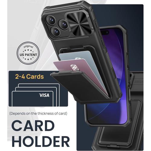 SSLOTSCASE for iPhone 17 Pro Max Case with Card Holder & Kickstand & Slide Camera Lens Cover & Camera Stand & Wallet, Military-Grade Heavy Duty Phone Case Cover for iPhone 17 Pro Max 5G 2025, Black