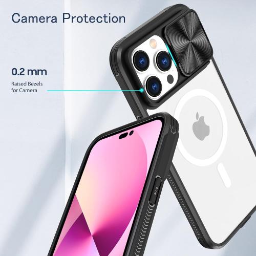 Clear Case Compatible with iPhone 14 Pro MagSafe with Sliding Camera Cover Protector, [Strong Magnets][Anti Yellow] Transparent Back Soft TPU Frame, for iPhone 14 Pro 6.1 (Black)