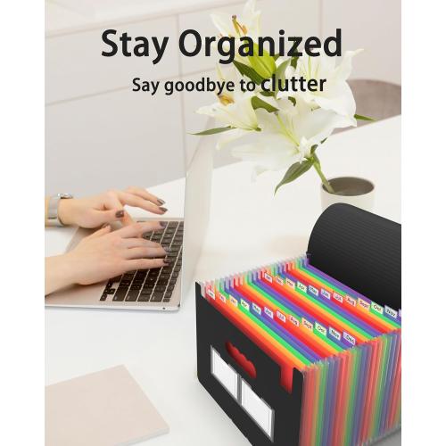 Expanding File Folder, 24 Pocket Accordion A4 Letter Size Portable Document Organizer with Colored Tabs, Expandable Bill Coupon Folder - Black