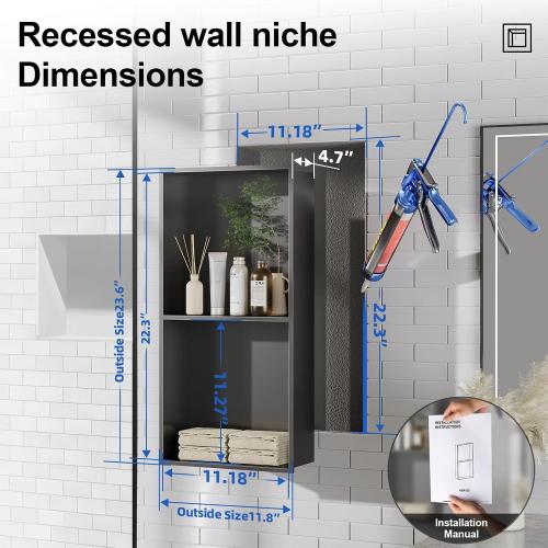Bathbliss Shower Niche, No‑Tile Recessed Wall Niche, 11.18x22.3 SUS304 Stainless Steel Shelf, Leak‑Proof Waterproof for Bathroom Storage, Matte Black Shower Niche