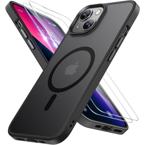 Miracase Magnetic for iPhone 13 Case 6.1 inch (Compatible with MagSafe)（with 2X Screen Protectors） Military-Grade Protection, Anti-Fingerprint Translucent Matte Phone Case Cover, Black