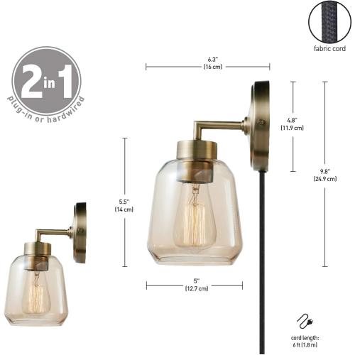 Globe Electric 1-Light Matte Brass Plug-in or Hardwire Wall Sconce with Smoked Amber Glass Shade and in-Line On/Off Switch