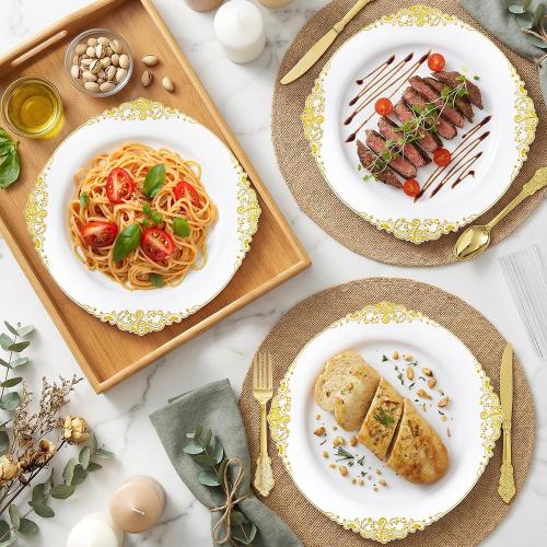 100PCS White Plates with Gold Trim Disposable for Thanksgiving