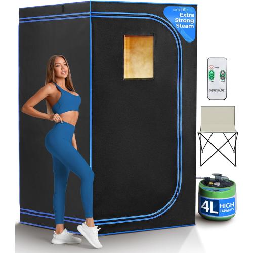 SereneLife Portable Sauna Box for Home, Steam Sauna Tent with Extra Large 4L Steamer - Includes Folding Sauna Chair, Remote Control w/ 9 Heat Levels for in-Home Spa - 2.9' x 2.9' x 5.9'