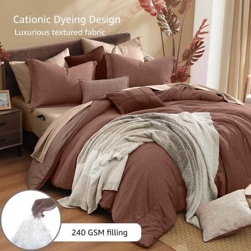 Monbix Full Comforter Set 7 Pieces Terracotta Cationic Dyeing Bed in a Bag