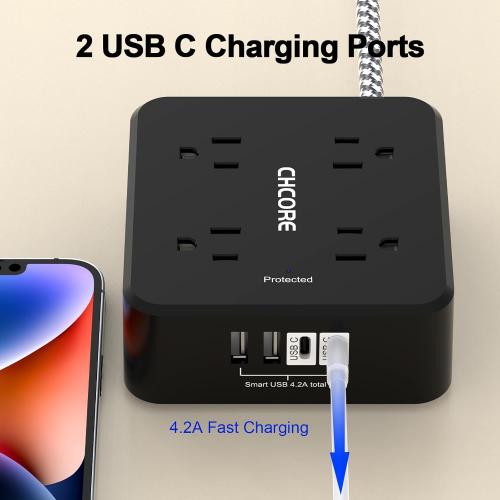 Surge Protector Power Strip - CHCORE 6Ft Braided Extension Cord with 8 Outlets with 4 USB (2 USB C) Charging Ports, Flat Plug Multi Plug Outlet Extender Charging Station for Home Office, ETL, Black
