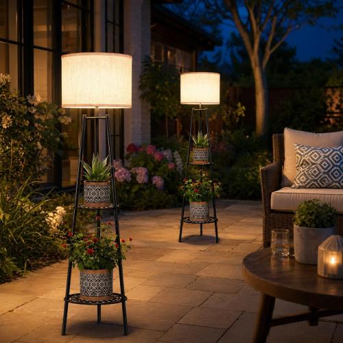 VISFLAIR 2 Pack Solar Lights with 2-Tier Plant Stand, Outdoor Floor Lamps, Waterproof Solar LED Edison Bulb Floor Lamps for Patio Porch Deck Yard Garden Decor